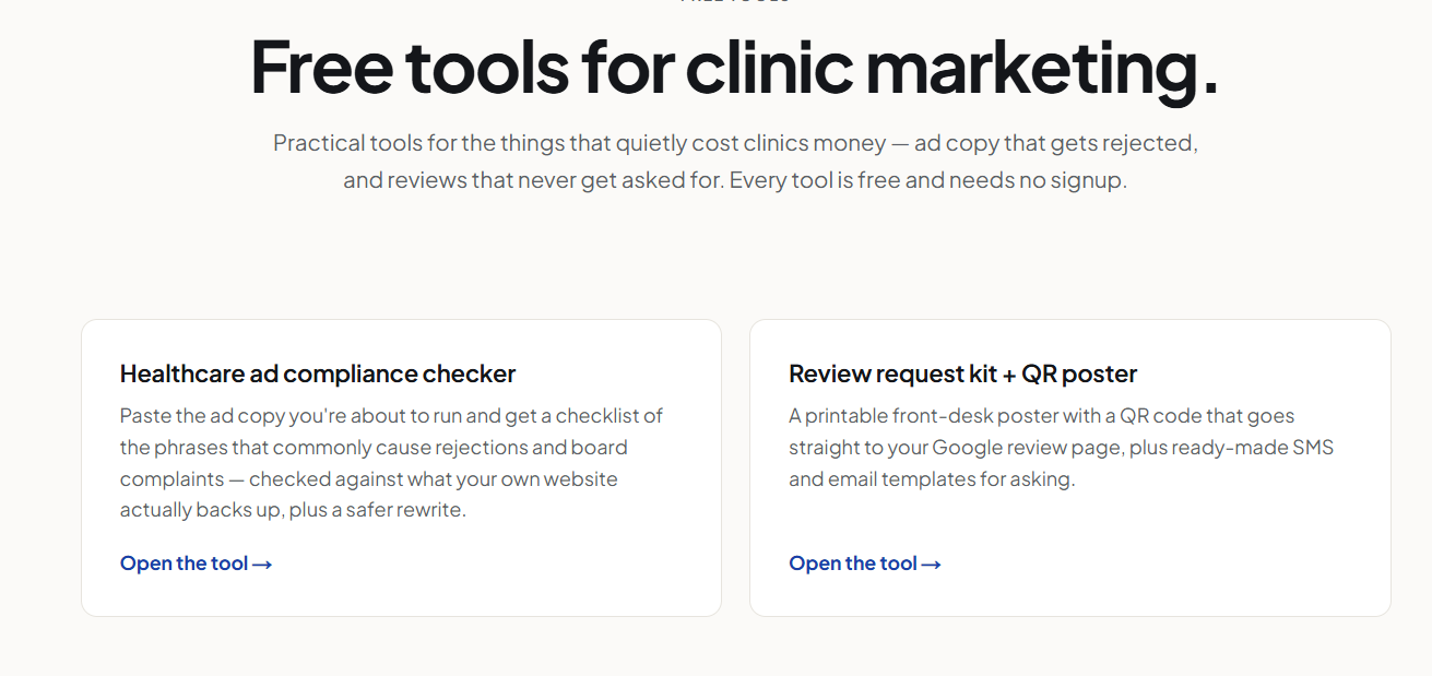 Free tools for clinic marketing page