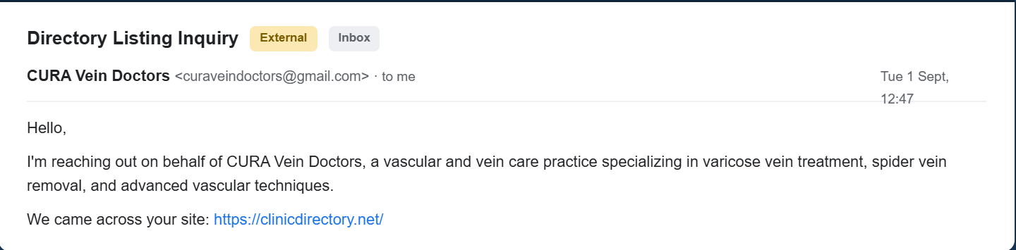 Email inquiry from CURA Vein Doctors asking to be listed