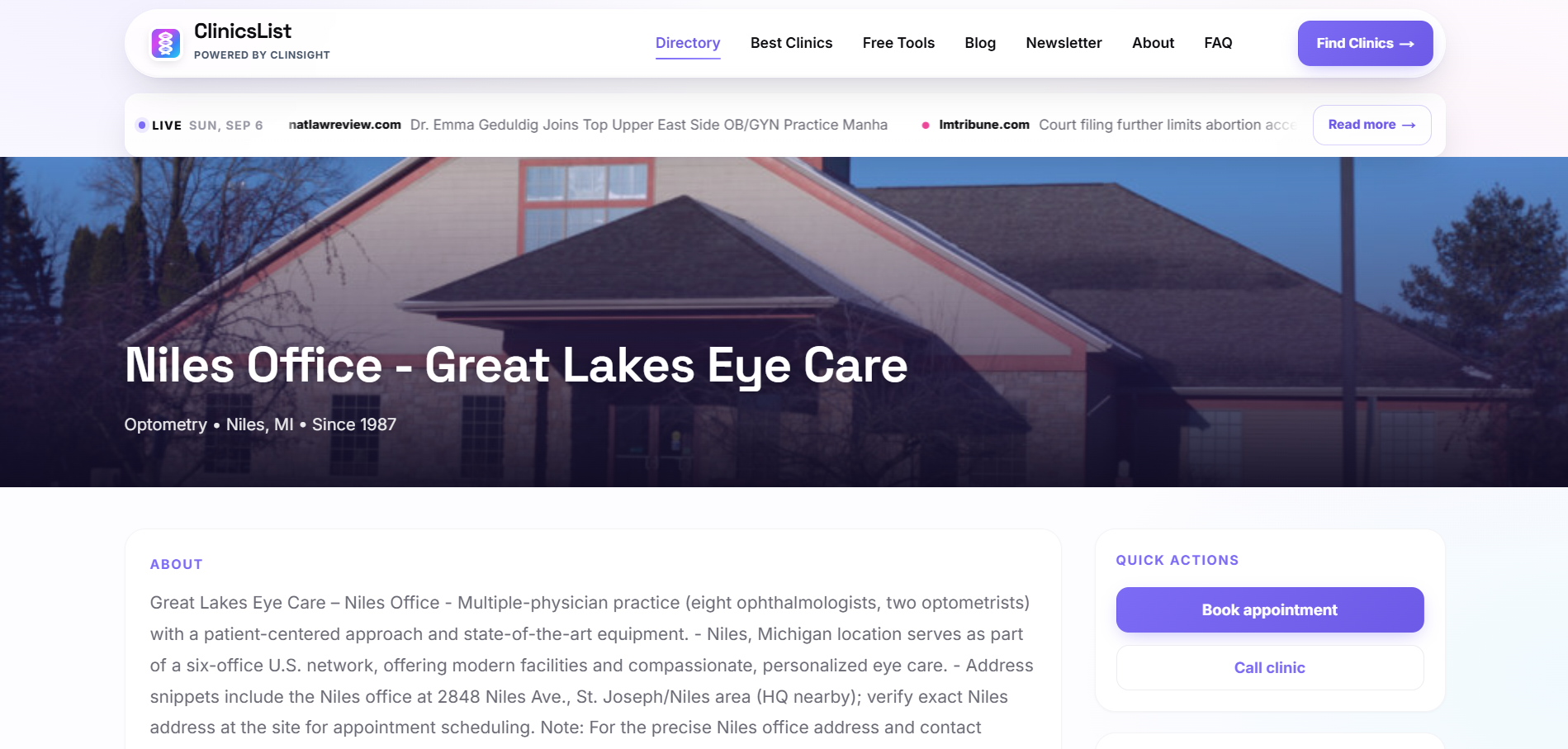 Great Lakes Eye Care clinic profile on ClinicsList