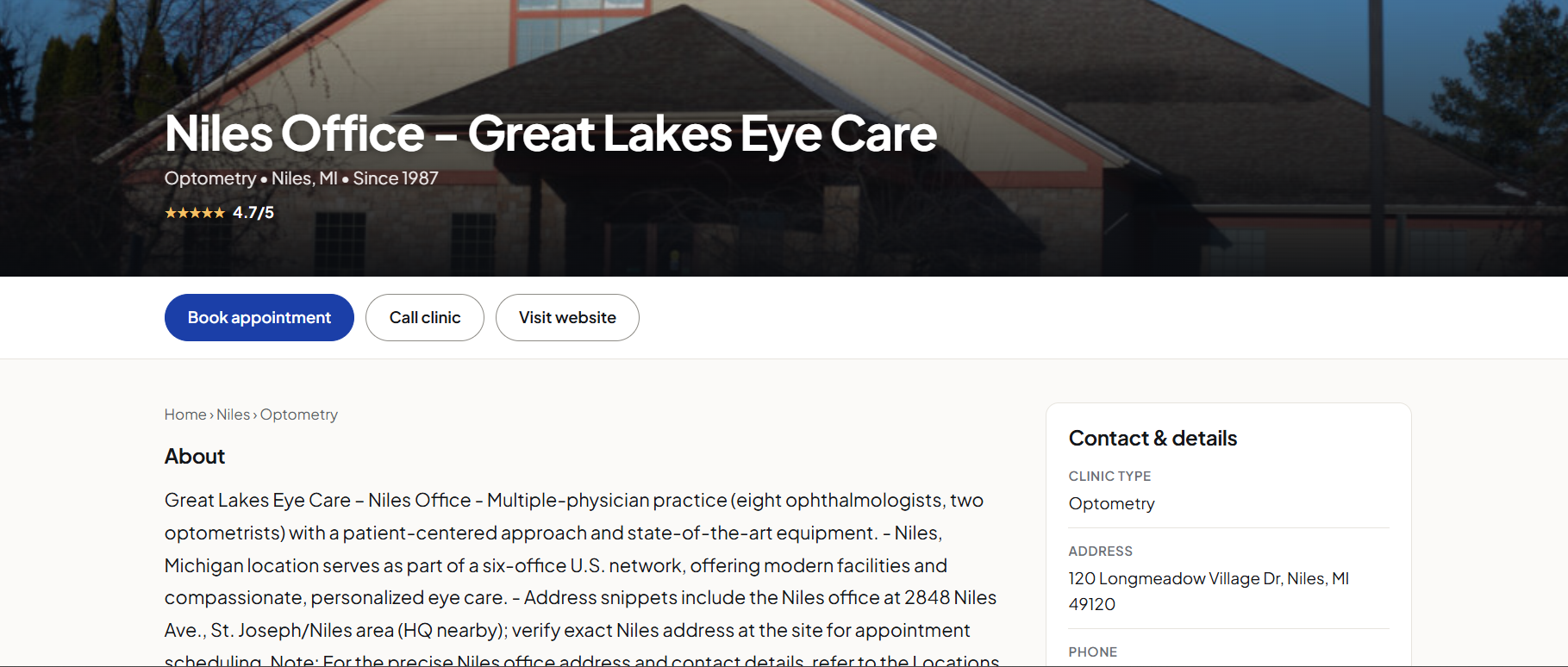 Great Lakes Eye Care clinic profile on Clinic Directory