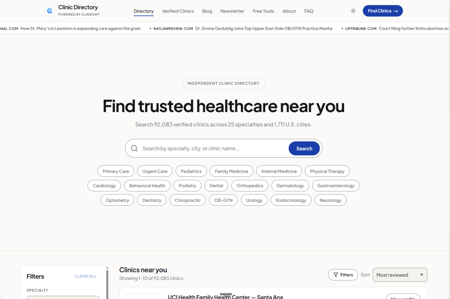 clinicdirectory.net home page with search and specialty filters