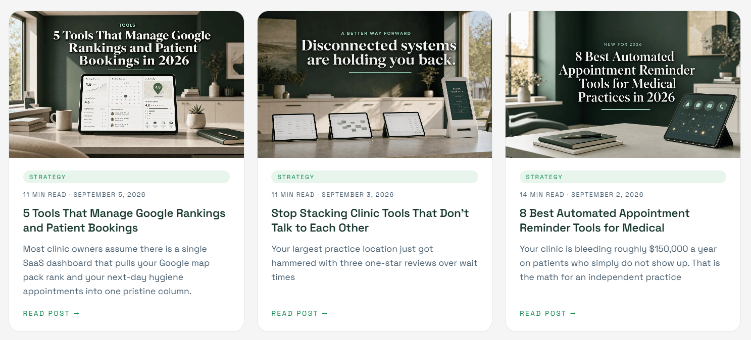 Three recent ClinAds blog articles with read times and publish dates