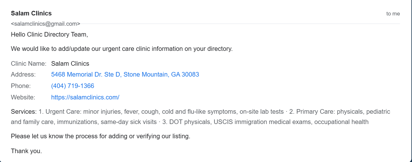 Email inquiry from Salam Clinics asking to add their urgent care listing