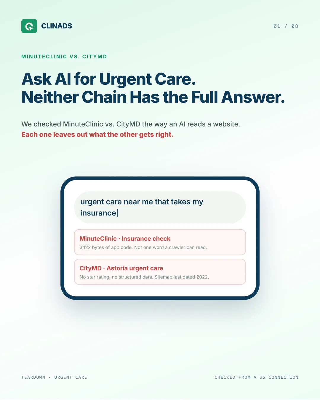 Search for urgent care near me that takes my insurance: MinuteClinic's insurance page is unreadable app code, CityMD's page has no rating or structured data