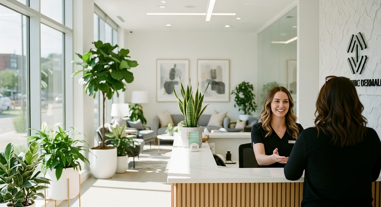 A welcoming front desk in a bright, modern dermatology clinic.