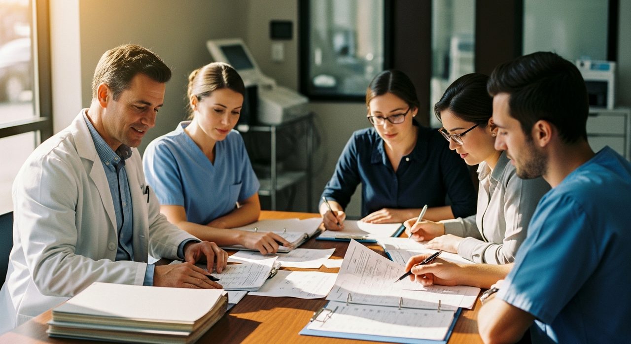 Clinic staff review schedules to optimize patient flow.