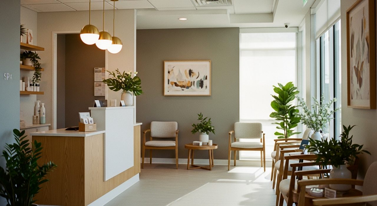 A calm, modern med spa reception area sets the tone for patient experience.