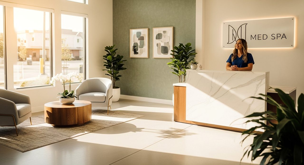 A warm, clutter-free med spa lobby ready for new client visits.