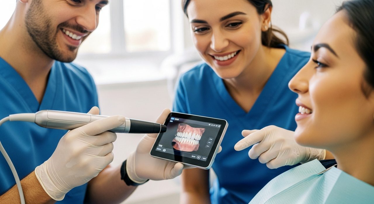 Staff demonstrating advanced technology in dental implant consultations.