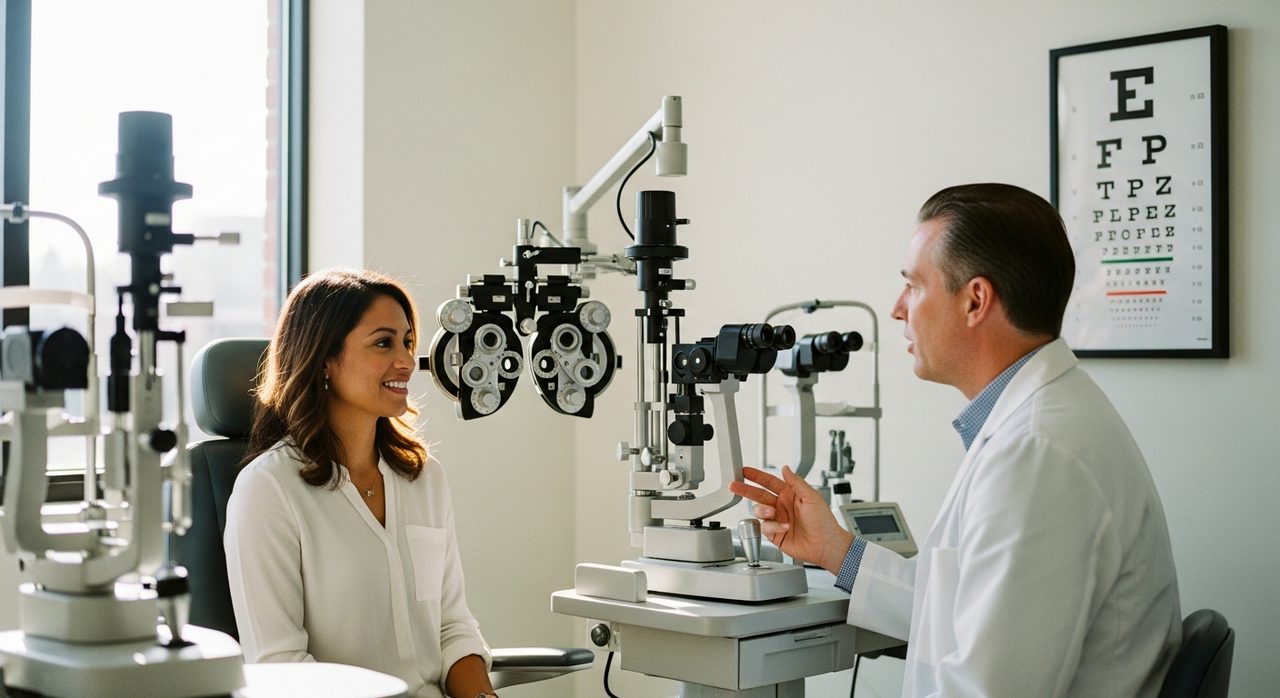 A patient consults with an optometrist in a comfortable exam room.