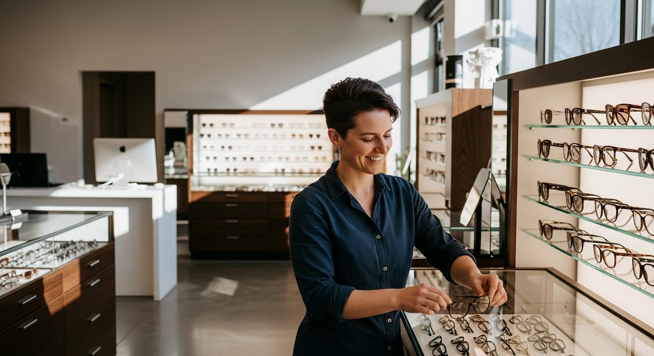 A staff member resets frames in a well-lit optical retail section.