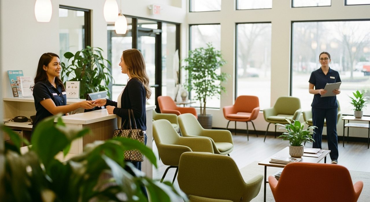 Clinic staff greet a patient at a welcoming front desk.