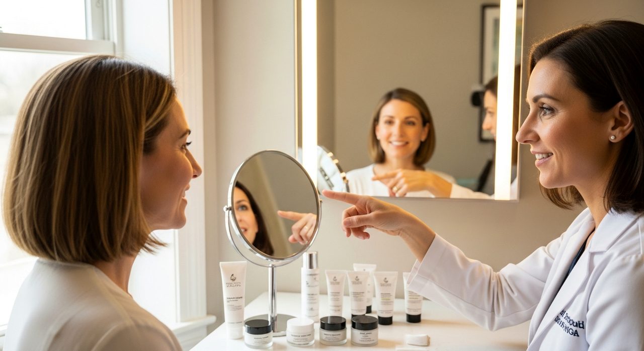 Dermatologist reviewing treatment options with a cosmetic patient.